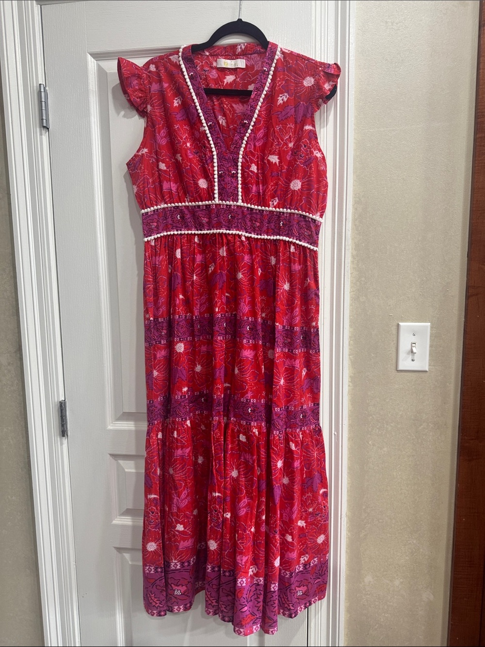 Red Floral V-Neck Maxi Dress with Purple Banding
